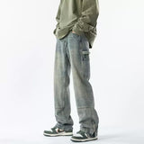 Men Jeans Zipper Split Jeans Spring Vintage Baggy Straight Trousers