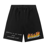 Men Shorts Hiphop Vintage Flame Print Sports Shorts