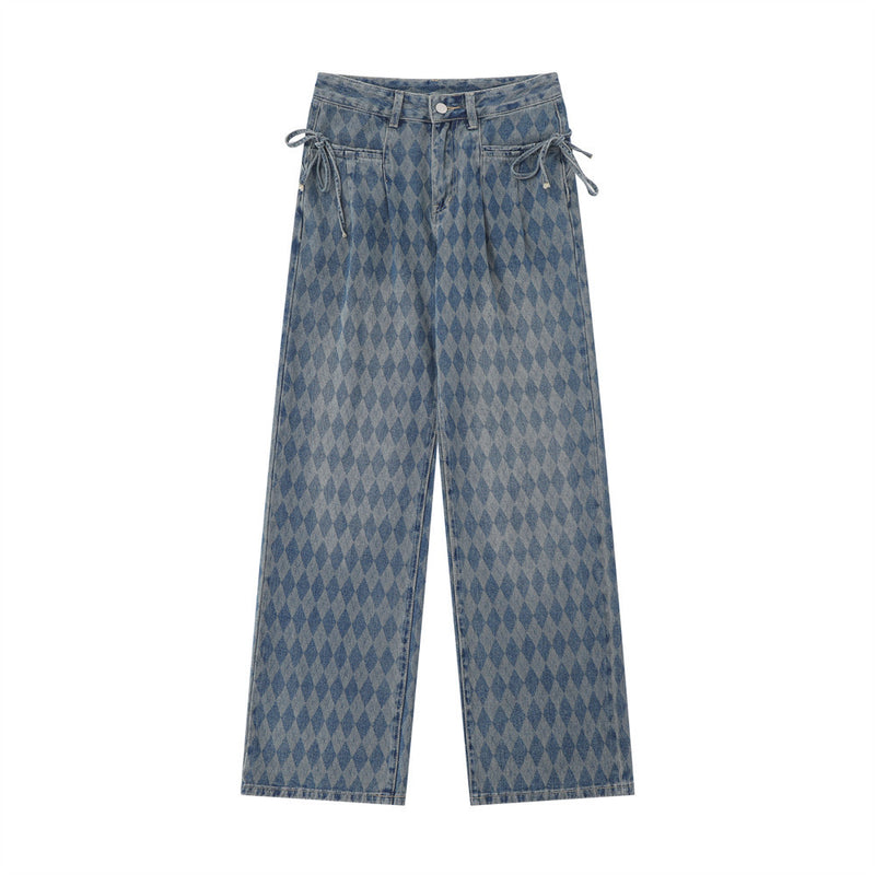 Women Pants Contrast Color Diamond Jeans Pocket Pleating Baggy Straight Trousers