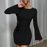 Women Dress Sexy Backless round-Neck Flared Sleeves Hip Skirt