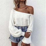 Women Knitted Sweater Spring and Autumn Sexy Hollow out Shoulder-Baring Long Sleeve Loose Sweater