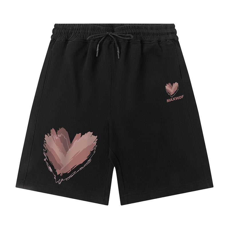 Men Shorts Hip Hop Heart Graffiti Sports Shorts Loose Wide Leg Pants