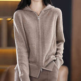 Women Knitwear Fall Winter Hooded Double Zipper Sweaters Cardigan