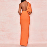 Harlem Night Attire Exposed Back V-neck Orange Single Sleeve Slit Evening Dress Dress