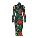 Women Dresses Turtleneck Long Sleeve Slim Mid-Length Sheath Dress
