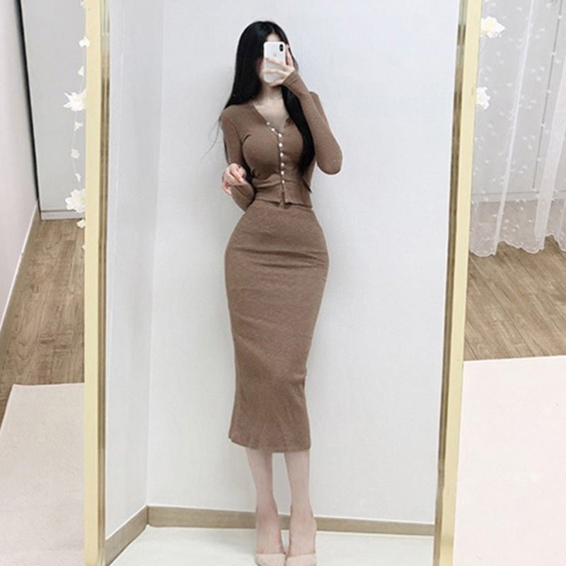 Women's Dresses Two-Piece Suit Women's V-neck Buttons Long-Sleeved Cardigan Hip Skirt