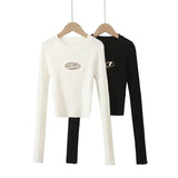 Women Sweater Knitwear Spring round Neck Letter Vertical Stripes Short Slim Bottoming Sweater Sweater