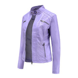 Red Leather Jacket Casual Leather Clothing Stand Collar Jacket Solid Color Women's Leather Jacket