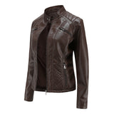 Red Leather Jacket Casual Leather Clothing Stand Collar Jacket Solid Color Women's Leather Jacket