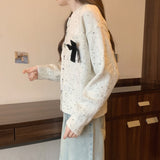 Women Knitted Cardigan with Bow round Neck Long Sleeve Sweater Loose Single-Breasted Knitted Cardigan