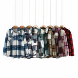 Women Jacket Fall Lapels Long Sleeve Cardigan Loose Plaid Shirt Coat