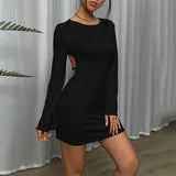 Women Dress Sexy Backless round-Neck Flared Sleeves Hip Skirt