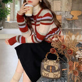 Women Knitwear Autumn and Winter Striped round Neck Sweater Slim-Fit Knitted Cardigan