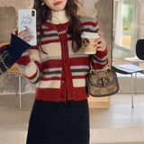 Women Knitwear Autumn and Winter Striped round Neck Sweater Slim-Fit Knitted Cardigan