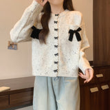 Women Knitted Cardigan with Bow round Neck Long Sleeve Sweater Loose Single-Breasted Knitted Cardigan