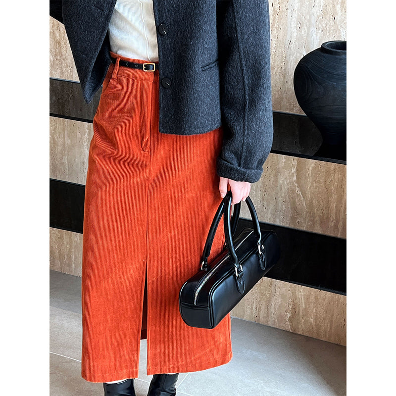 Women Skirt Vintage Corduroy Skirt Autumn and Winter Slit Sheath Skirt