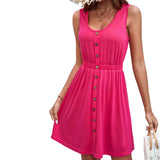 Women Dress Spring and Summer Sleeveless Button round Neck off-the-Shoulder Dress