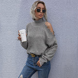 Women Knitted Sweater Women's Loose off-Shoulder Ripped Long Sleeves Turtleneck Autumn Knitted Sweater