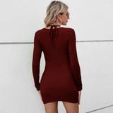 Women Dress Spring and Summer Leisure Hollow Sheath Short Long Sleeve Dress