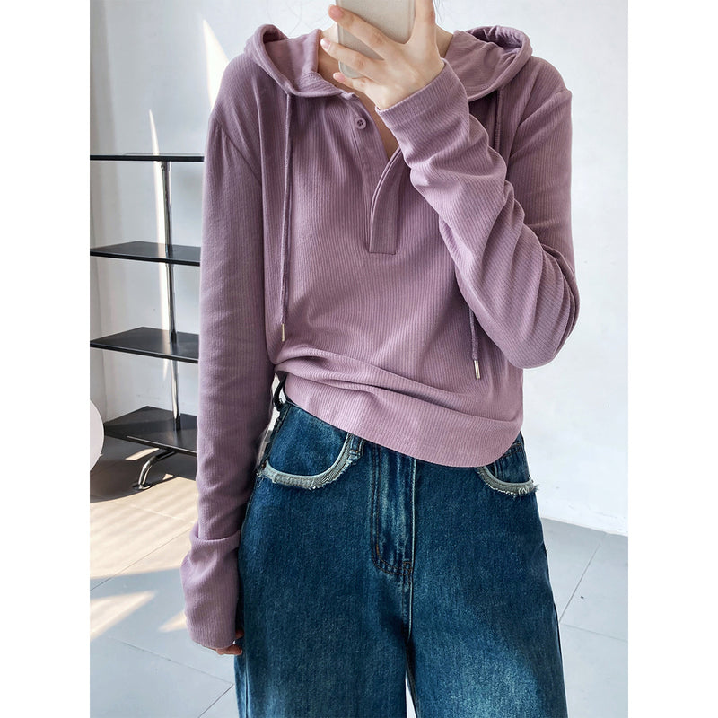Women T Shirt Luxi Purple Hooded Sweater Long-Sleeved T-shirt