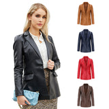 Red Leather Jacket Long-Sleeved Coat Women's Single Button Casual Solid Color Leather Coat