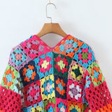 Women Sweater Knitwear Autumn Vintage Handmade Plaid One Button Cardigan Sweater