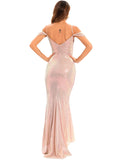 Women Evening Gown Sexy Backless Spaghetti Straps Sequins Dress