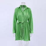 Women Dress Green V-neck Spring Lace-up Dress Short Skirt