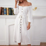 Women Dress Single Breasted Split Long Sleeve Mid-Length Dress