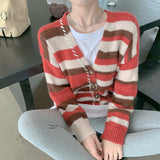 Women Knitwear Spring and Autumn Vintage Stripe V-neck Knitted Cardigan