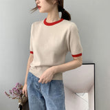 Women Knitted T-shirt Autumn round Neck Short Sweater Top