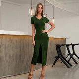Women Dress Sexy Slim Fit Slit Knitted Midi Dress