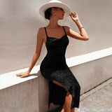 Women Dress Fall/Winter Slim Velvet Spaghetti Straps Dress Slit Midi Skirt