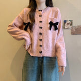 Women Knitted Cardigan with Bow round Neck Long Sleeve Sweater Loose Single-Breasted Knitted Cardigan