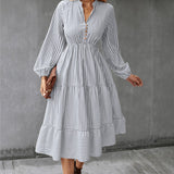 Beth Dutton Wardrobe Autumn Striped Long Sleeve Elastic Waist Dress