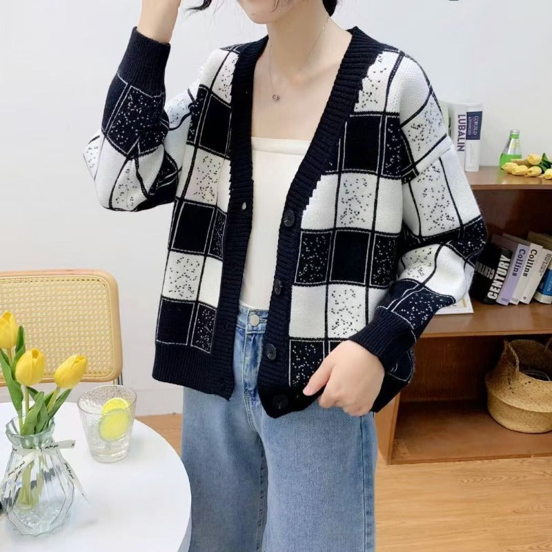 Women Knitwear Autumn and Winter V-neck Plaid Sweater Loose Knitted Cardigan