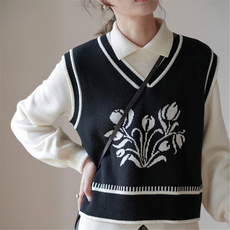 Women Knitted Pullover Retro Short Knitted Sweater Vest