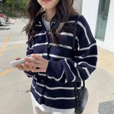 Women Knitwear Autumn Winter Retro Lapel Knitted Cardigan Loose Striped Sweater Coat