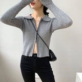 Women Cardigan Sweater Zipper and Lapel Knitted Cardigan 8t8060
