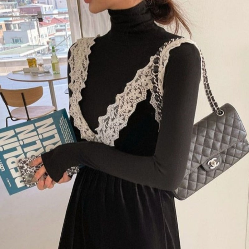 Women Dresses Autumn and Winter Velvet Lace Sleeveless V-neck Dress Turtleneck Long-Sleeve Suit