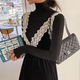 Women Dresses Autumn and Winter Velvet Lace Sleeveless V-neck Dress Turtleneck Long-Sleeve Suit
