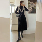 Women Dresses Autumn and Winter Velvet Lace Sleeveless V-neck Dress Turtleneck Long-Sleeve Suit