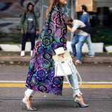 Women Trench Coat round Neck Printed Double Breasted Coat Women's Long Sleeve Paisley Trench Coat