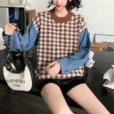 Women Knitwear Fall Winter Cowboy Sleeve Houndstooth round Neck Sweater Loose Style Sweater