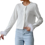 Women Trench Coat Waffle Coat Simple Feather Short round Neck Autumn and Winter