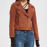 Women Leather Jacket Suede Jacket Women's Lapel Long-Sleeved, Slim-Fit, Short Motorcycle Jacket Top