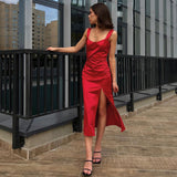 Women Dress Red Elegant Square Collar Satin Sexy Slit Dress 2