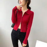 Women Cardigan Sweater Zipper and Lapel Knitted Cardigan 8t8060