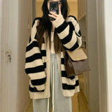 Women Knitwear Autumn and Winter Striped V-neck Sweater Coat Knitted Cardigan