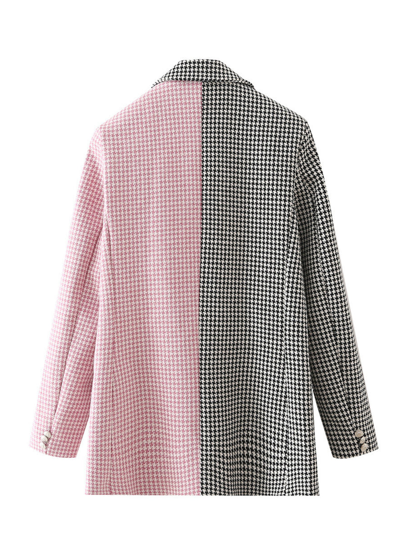 Women Suits Autumn Leisure Double Breasted Houndstooth Color Block Blazer